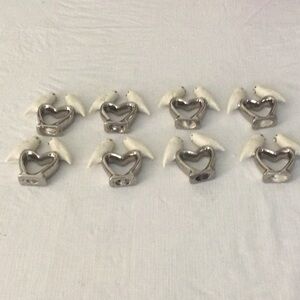 8 Hand made Ceramic Silver Heart Napkin Rings with White Birds NWOT